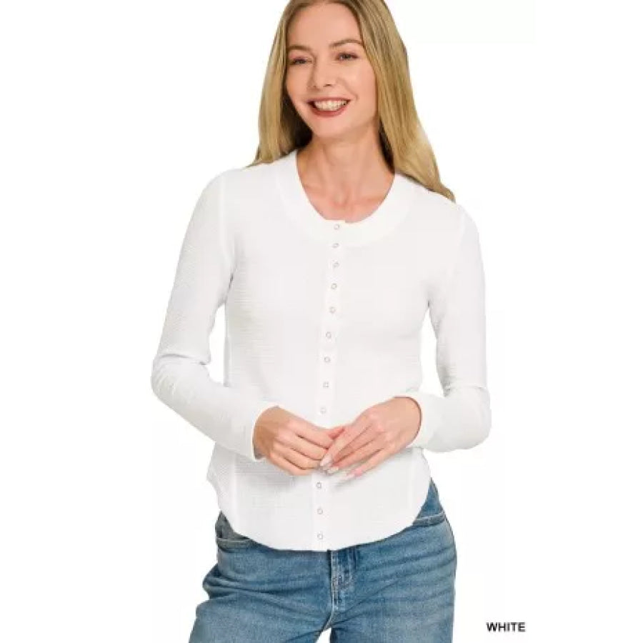 Zenana Double Knit Snap Button Shirts WHITE / S Apparel and Accessories
