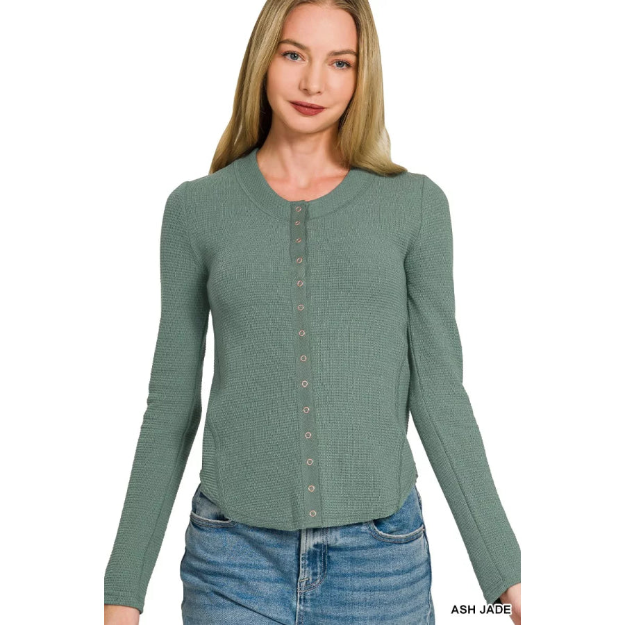 Zenana Double Knit Snap Button Shirts ASH JADE / S Apparel and Accessories