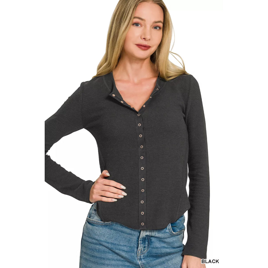 Zenana Double Knit Snap Button Shirts BLACK / S Apparel and Accessories