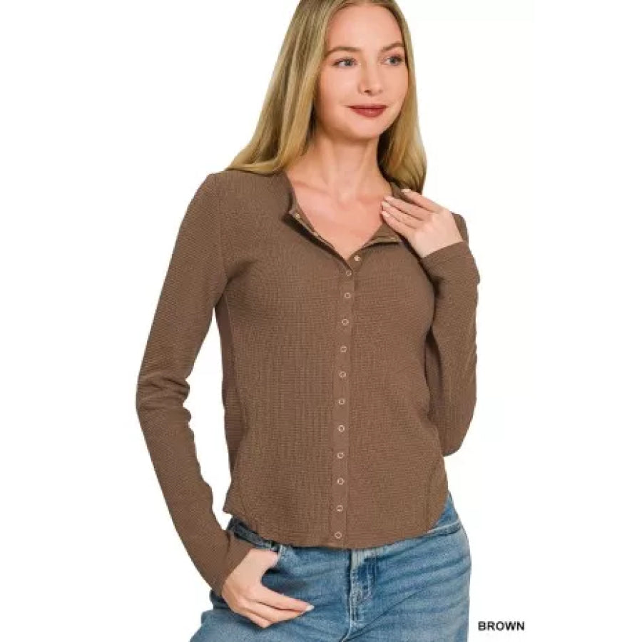 Zenana Double Knit Snap Button Shirts BROWN / S Apparel and Accessories