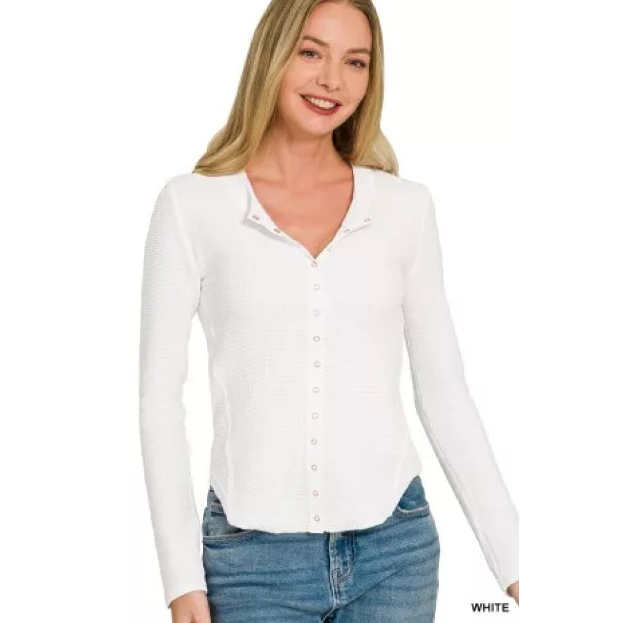 Zenana Double Knit Snap Button Shirts WHITE / S Apparel and Accessories