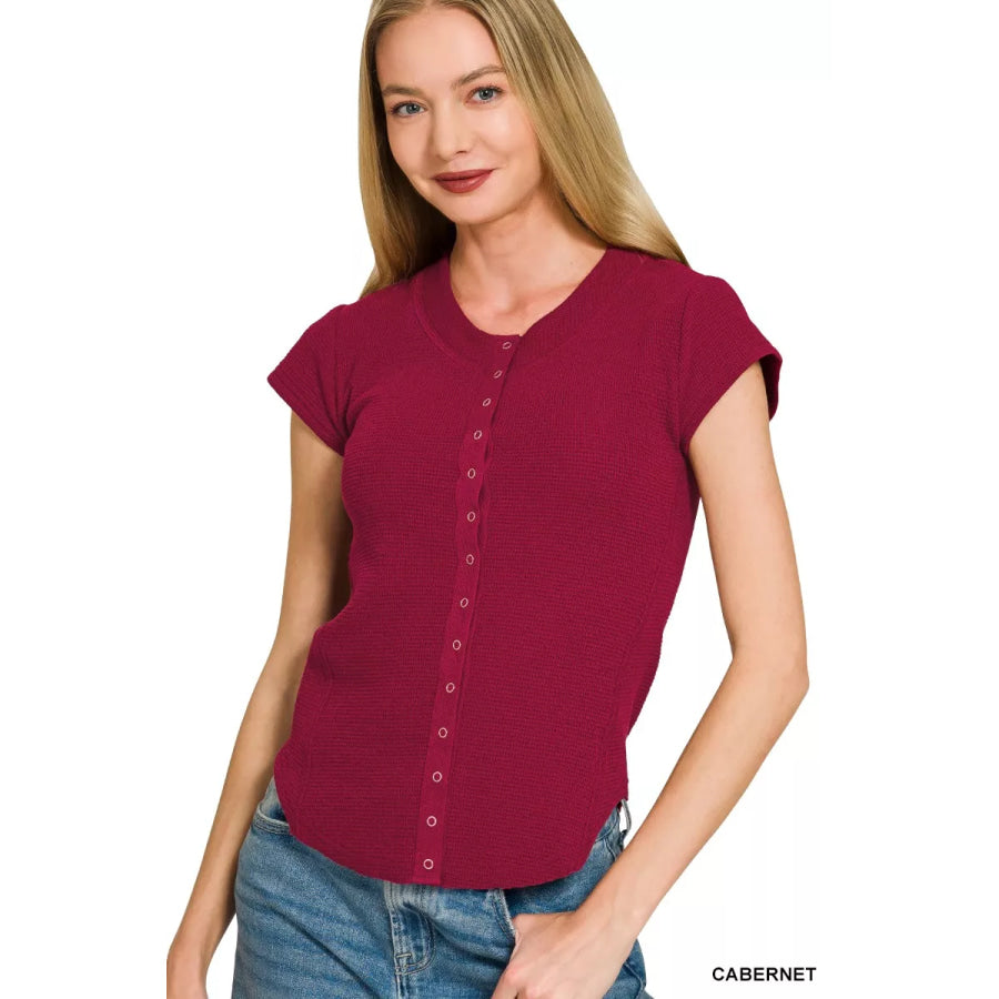 Zenana Double Knit Snap Button Short Sleeve Shirt Apparel and Accessories
