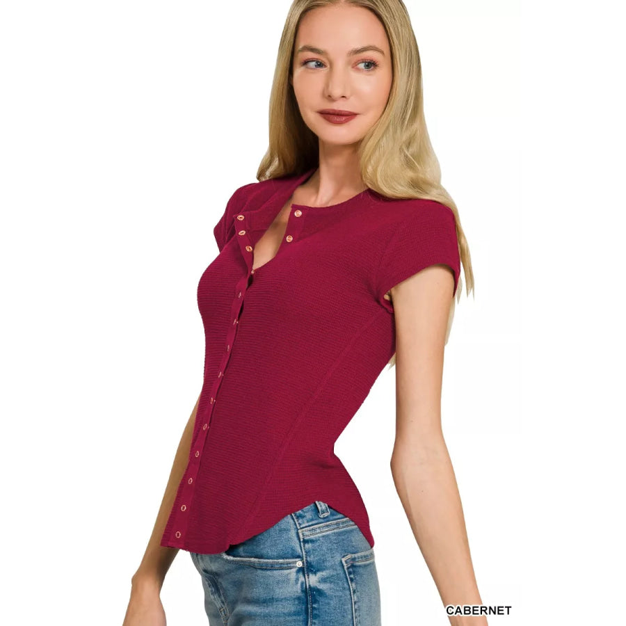 Zenana Double Knit Snap Button Short Sleeve Shirt CABERNET / S Apparel and Accessories