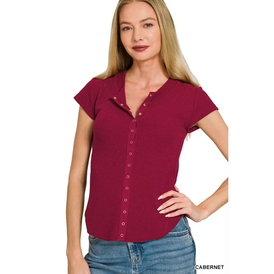 Zenana Double Knit Snap Button Short Sleeve Shirt CABERNET / S Apparel and Accessories