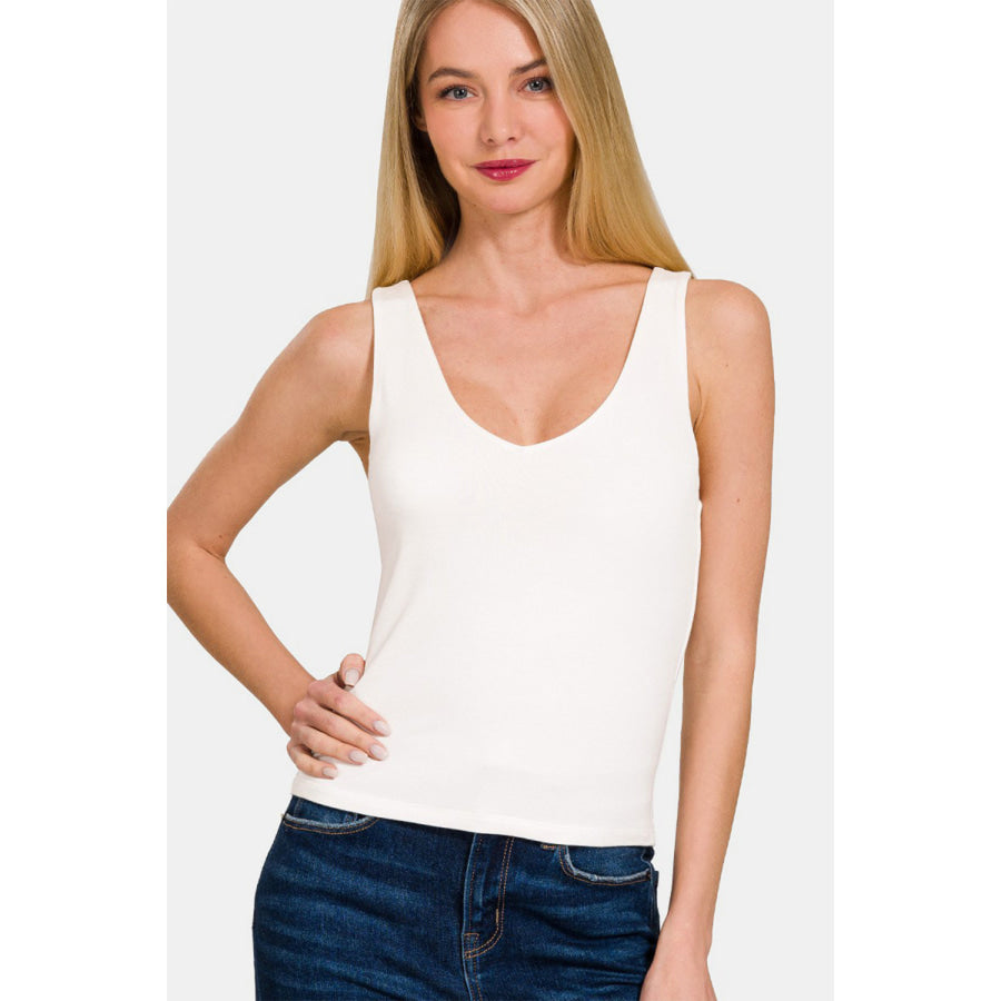 Zenana Double Layer V Neck Tank Off White / S Apparel and Accessories