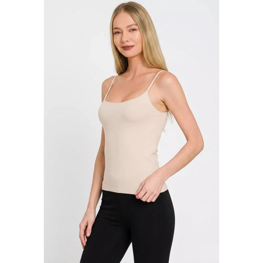 Zenana Double Layered Round Neck Spaghetti Cami SAND BEIGE / S Apparel and Accessories