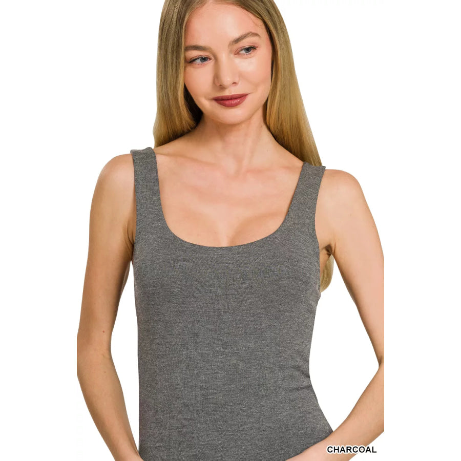 Zenana Double Layered Double Scoop Tank Top CHARCOAL / S Apparel and Accessories