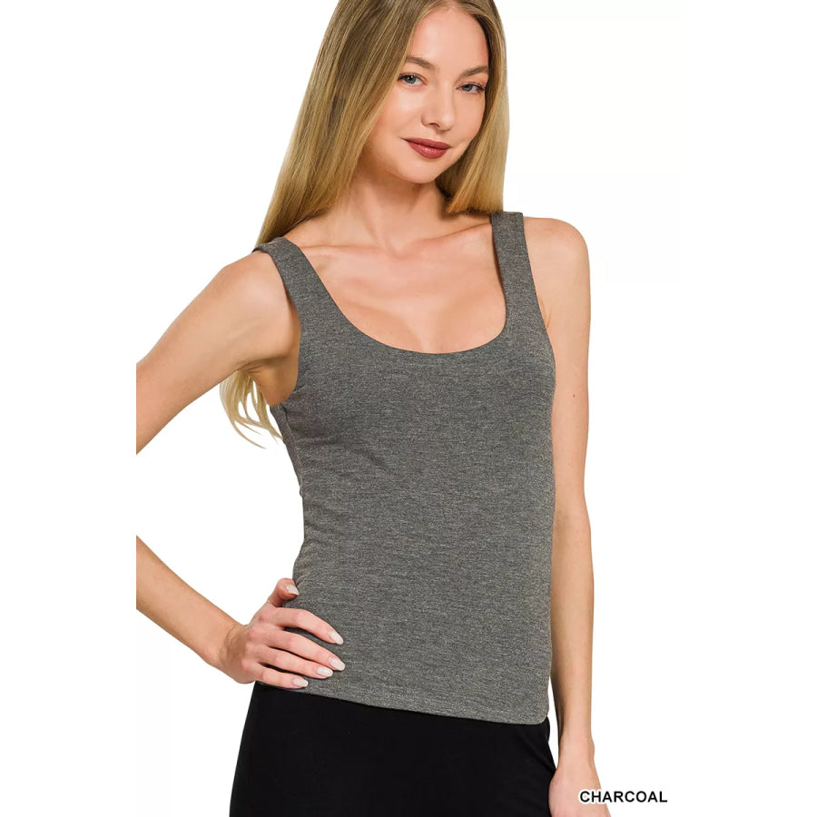 Zenana Double Layered Double Scoop Tank Top CHARCOAL / S Apparel and Accessories