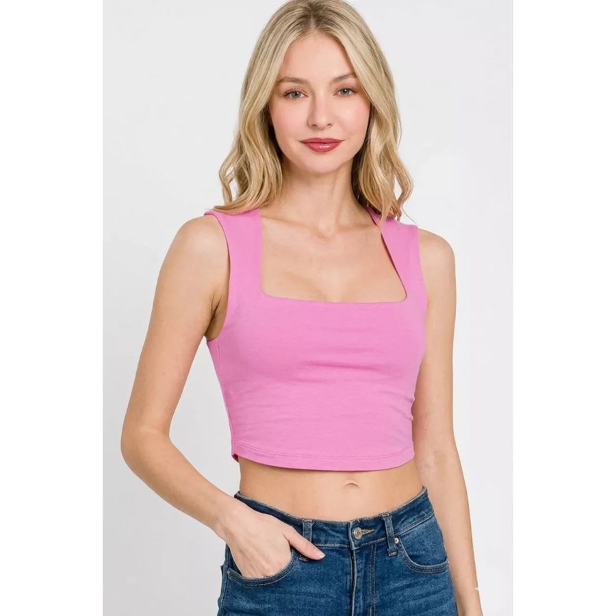 Zenana Double Layered Square Neck Cropped Tank Top CANDY PINK / S Apparel and Accessories