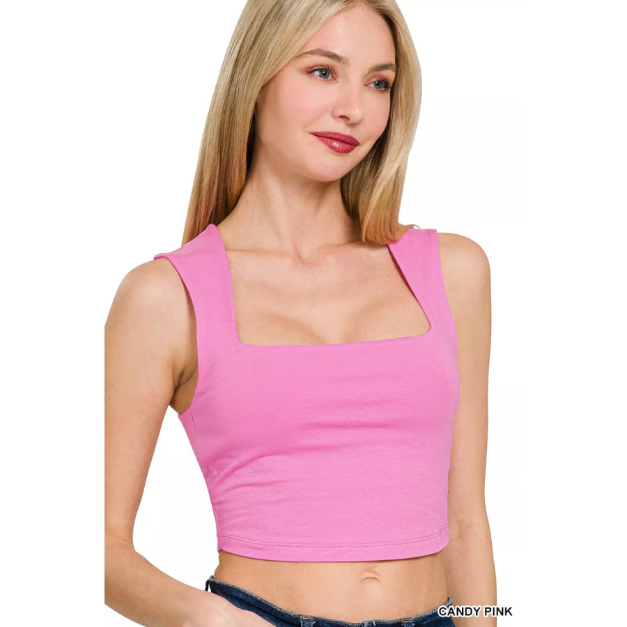 Zenana Double Layered Square Neck Cropped Tank Top CANDY PINK / S Apparel and Accessories