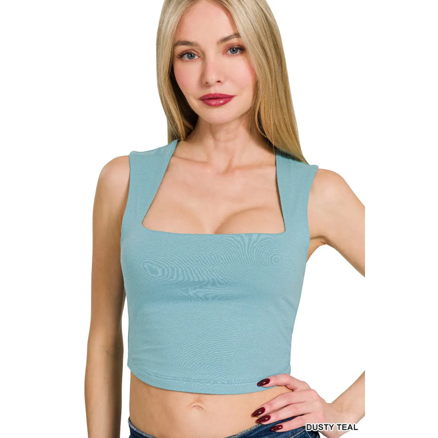 Zenana Double Layered Square Neck Cropped Tank Top DUSTY TEAL / S Apparel and Accessories