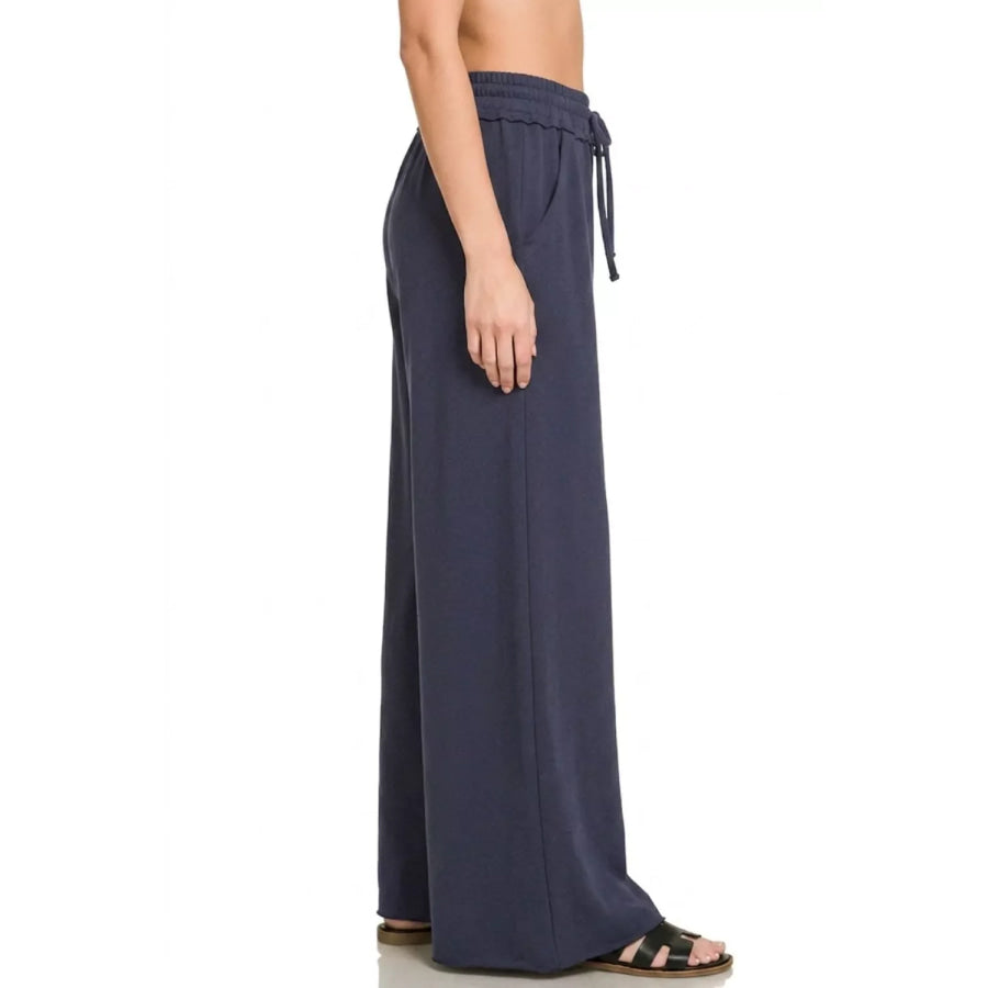 Zenana Drawstring French Terry Wide Leg Sweatpants Apparel and Accessories