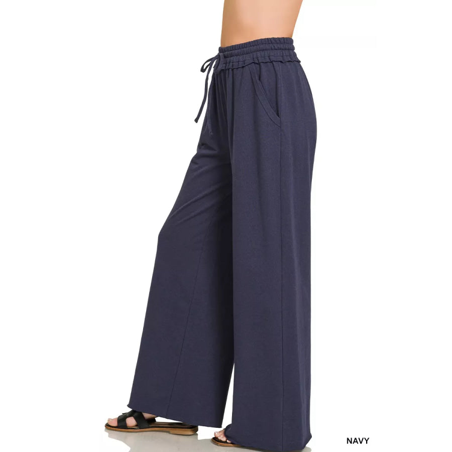 Zenana Drawstring French Terry Wide Leg Sweatpants Apparel and Accessories