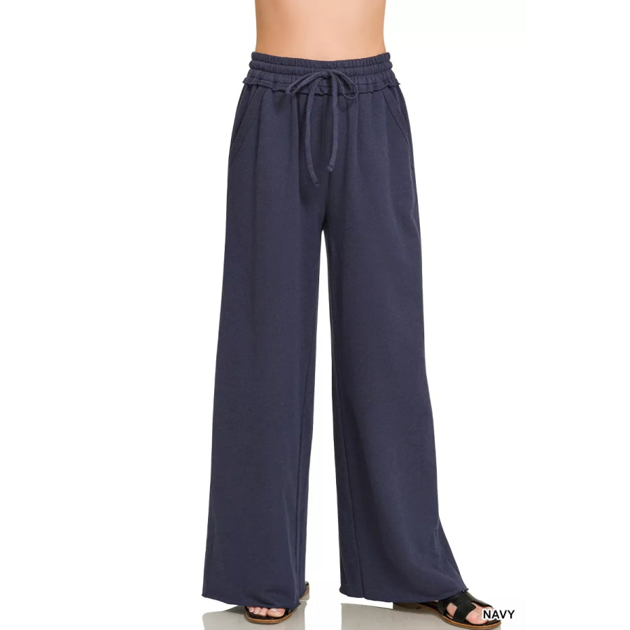 Zenana Drawstring French Terry Wide Leg Sweatpants NAVY / S Apparel and Accessories
