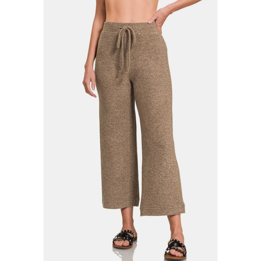 Zenana Drawstring Hacci Cropped Pants Mocha / S Apparel and Accessories