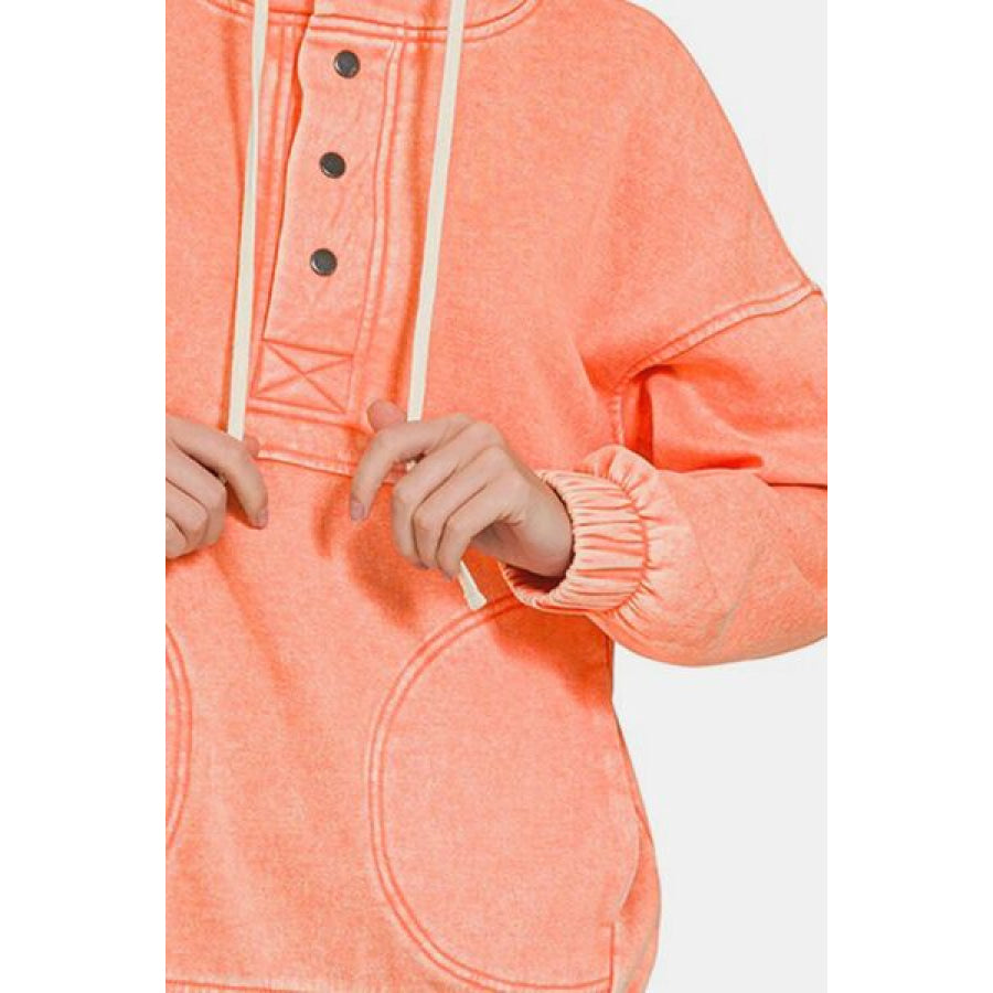 Zenana Drawstring Half Snap Dropped Shoulder Hoodie Apparel and Accessories