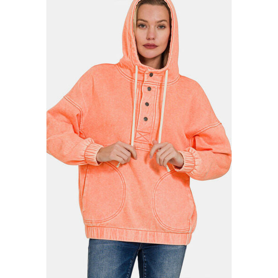 Zenana Drawstring Half Snap Dropped Shoulder Hoodie CORAL / S Apparel and Accessories