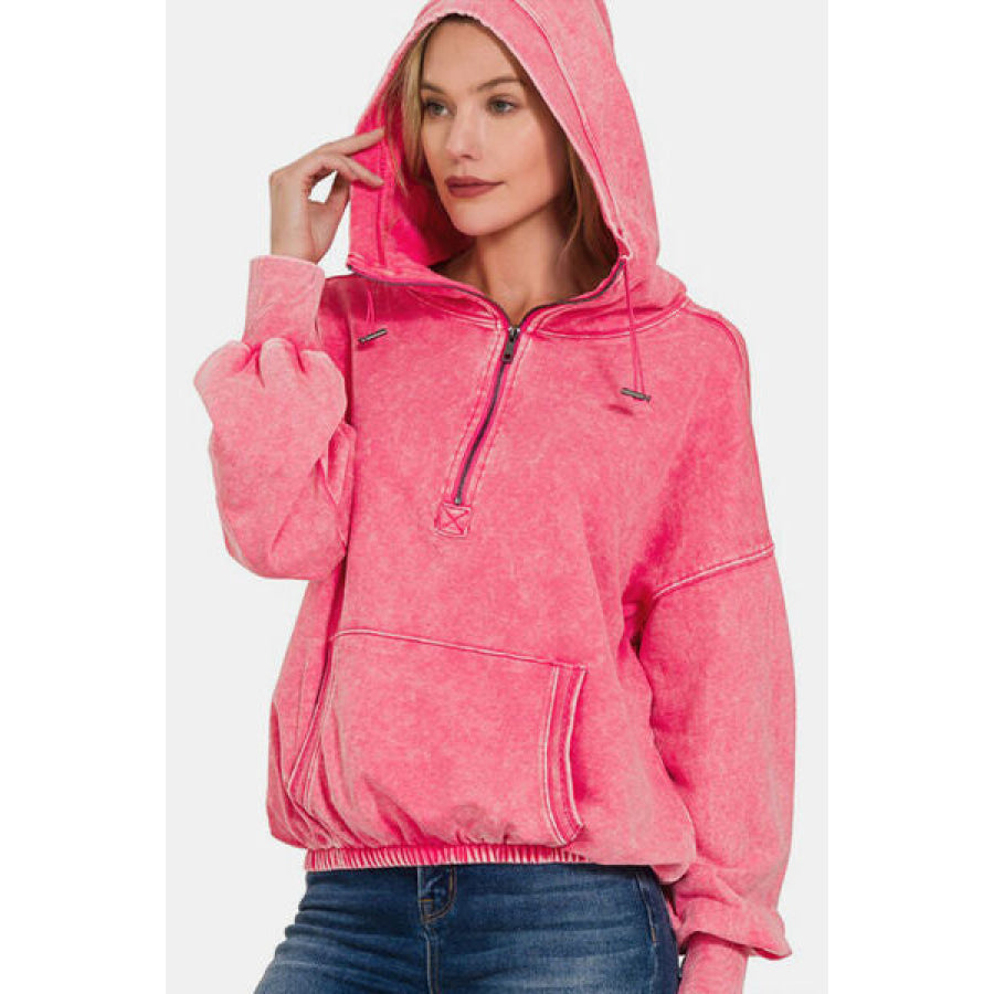 Zenana Drawstring Half Zip Dropped Shoulder Hoodie FUCHSIA / S Apparel and Accessories