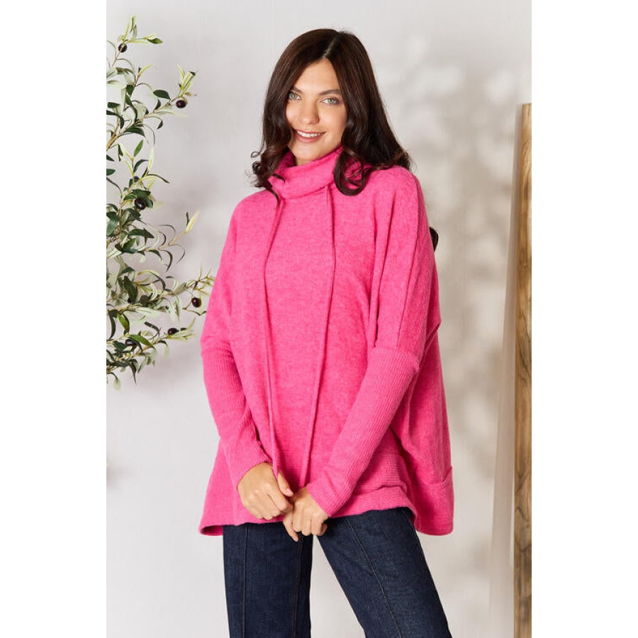 Zenana Drawstring Mock Neck Sweater Fuchsia / S/M Clothing