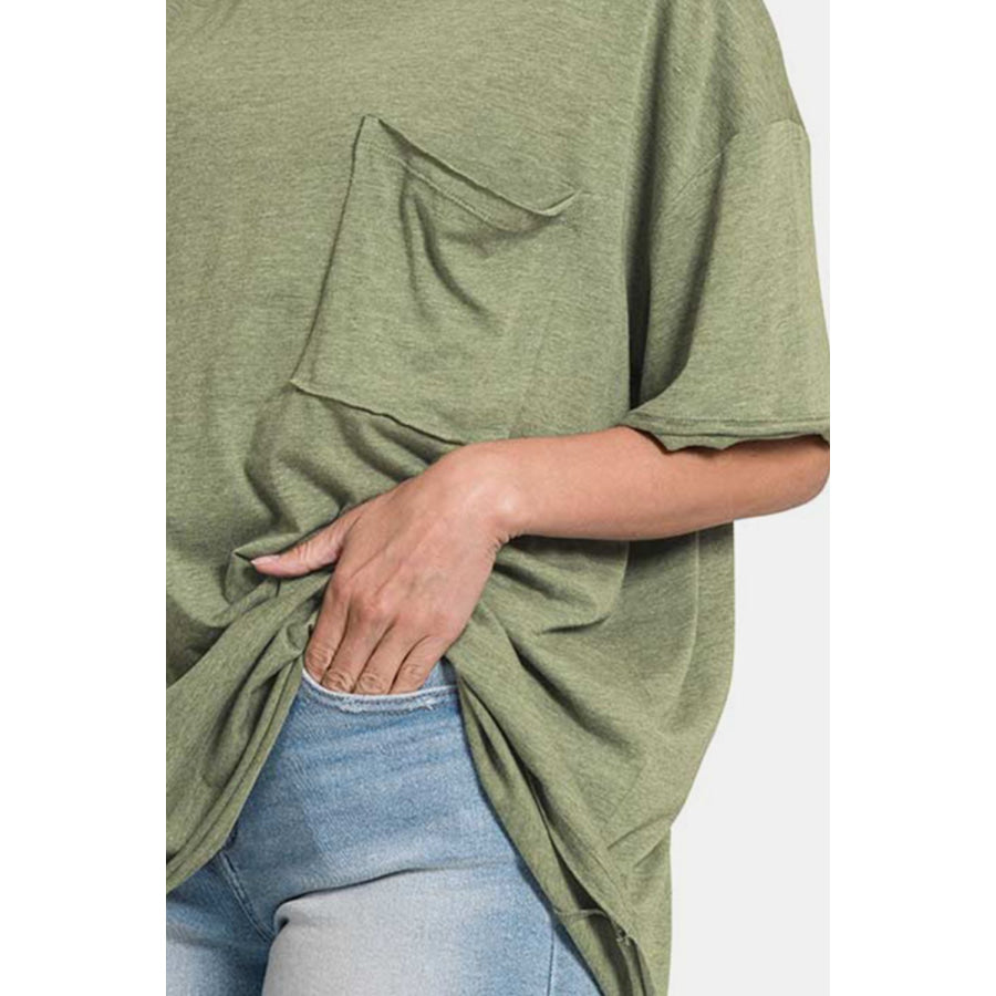 Zenana Drop Shoulder Oversized Front Pocket T-Shirt Apparel and Accessories