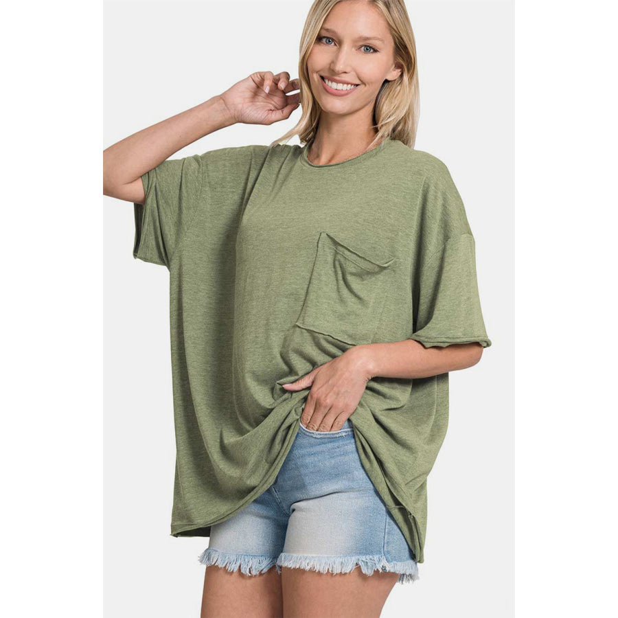 Zenana Drop Shoulder Oversized Front Pocket T-Shirt Olive / S/M Apparel and Accessories