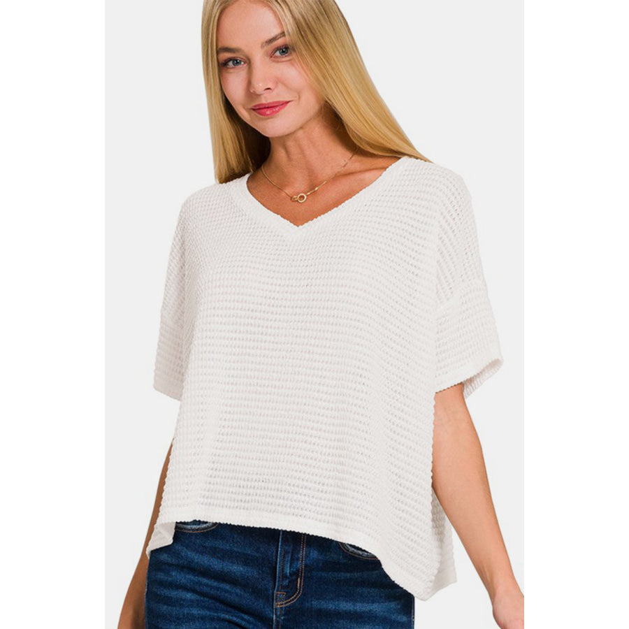 Zenana Drop Shoulder Short Sleeve Jacquard Knit Top Off White / S/M Apparel and Accessories