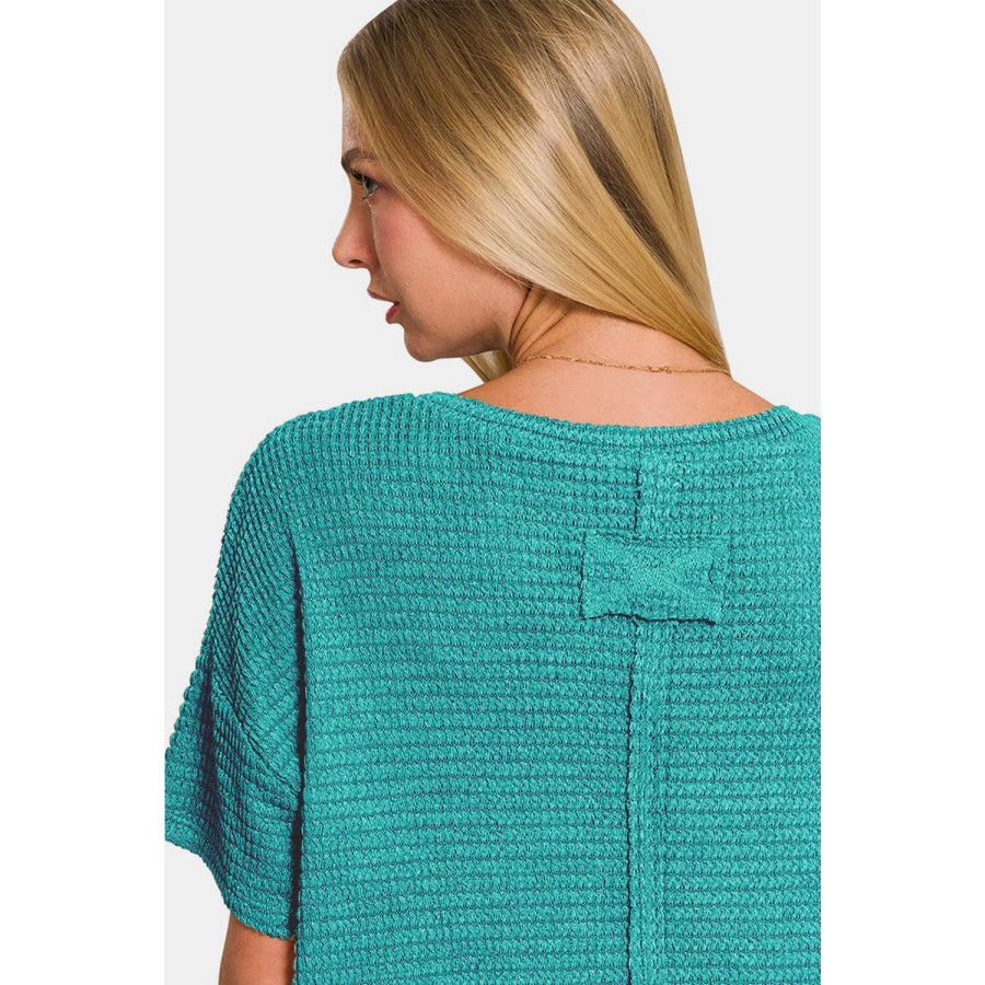 Zenana Drop Shoulder Short Sleeve Jacquard Knit Top Lt Teal / S/M Apparel and Accessories
