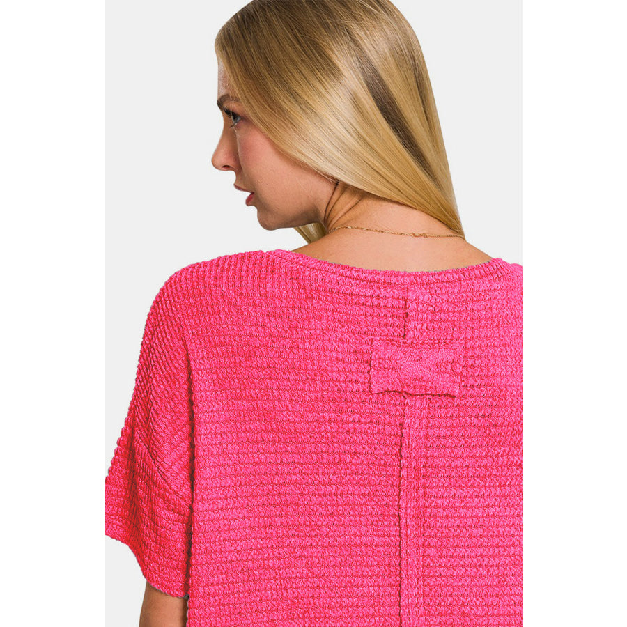 Zenana Drop Shoulder Short Sleeve Jacquard Knit Top Apparel and Accessories