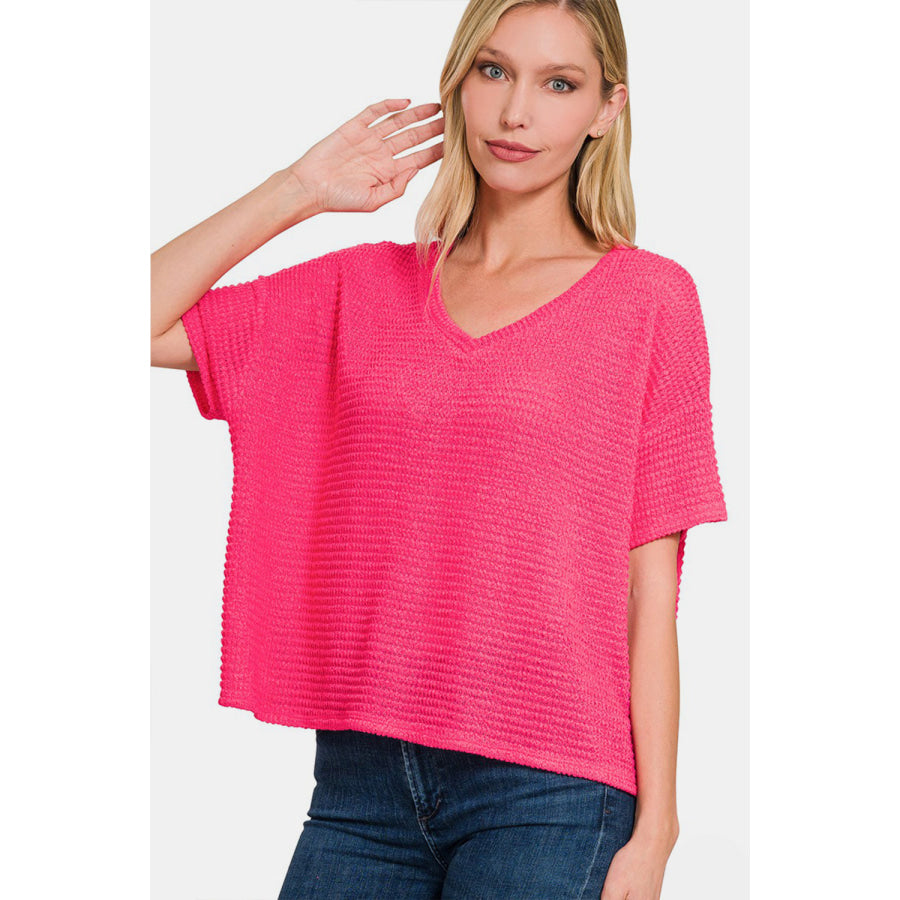 Zenana Drop Shoulder Short Sleeve Jacquard Knit Top Fuchsia / S/M Apparel and Accessories
