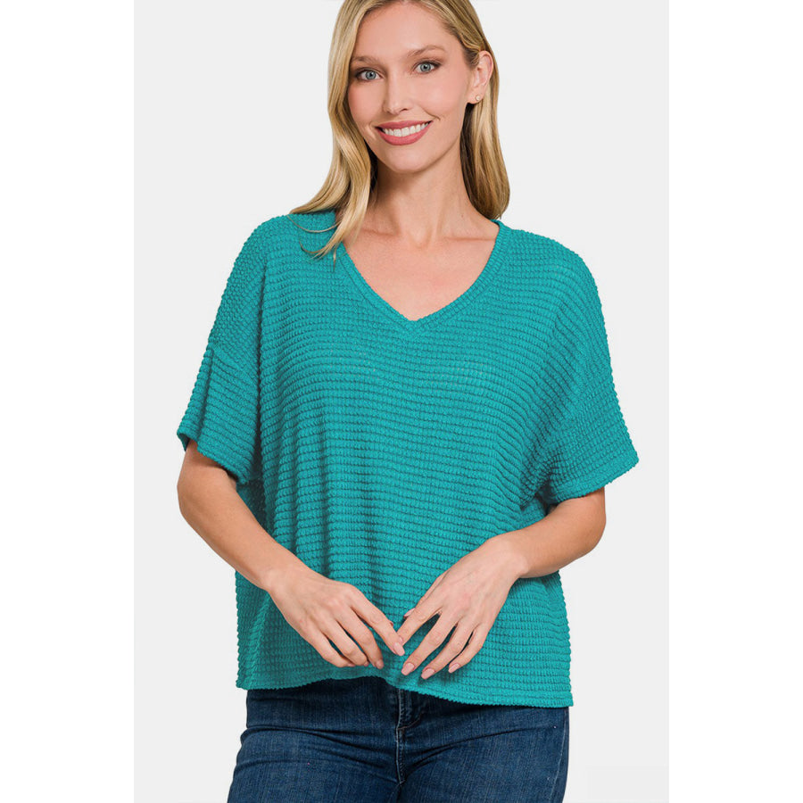 Zenana Drop Shoulder Short Sleeve Jacquard Knit Top Lt Teal / S/M Apparel and Accessories