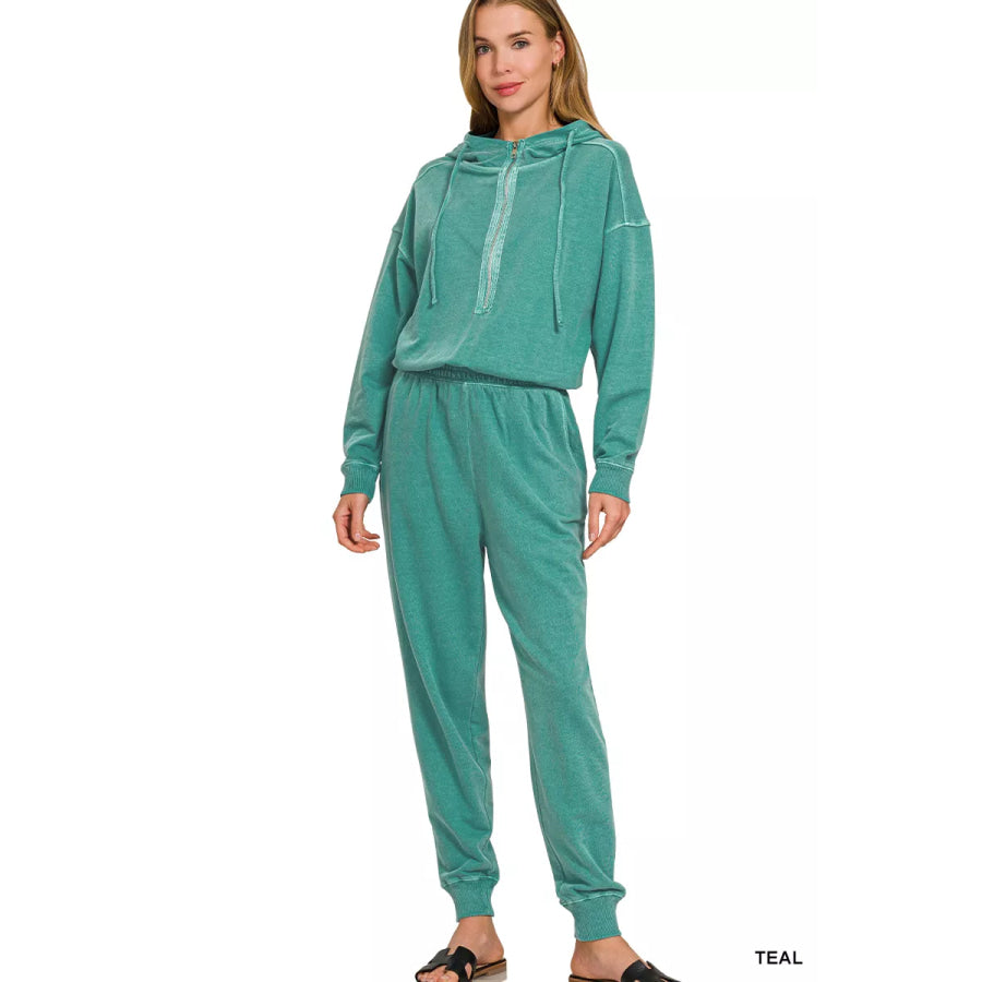 Zenana Enzyme Washed French Terry Jumpsuit TEAL / S Apparel and Accessories