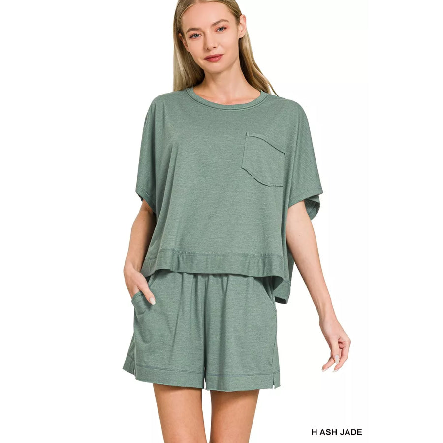Zenana Exposed Seam Boxy Top & Shorts Set H ASH JADE / S Apparel and Accessories