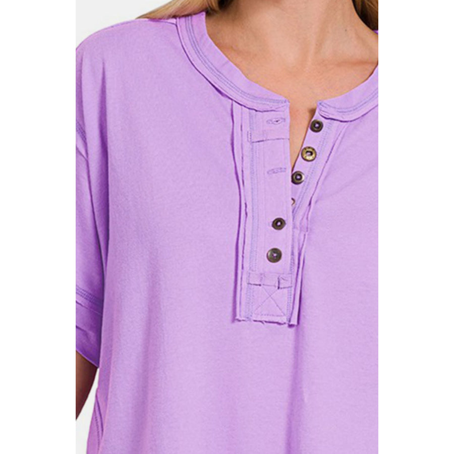 Zenana Exposed Seam Half Button Short Sleeve Top Apparel and Accessories