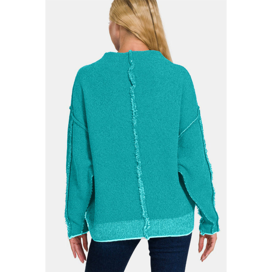 Zenana Exposed Seam Mock Neck Long Sleeve Sweater Lt Teal / S/M Apparel and Accessories