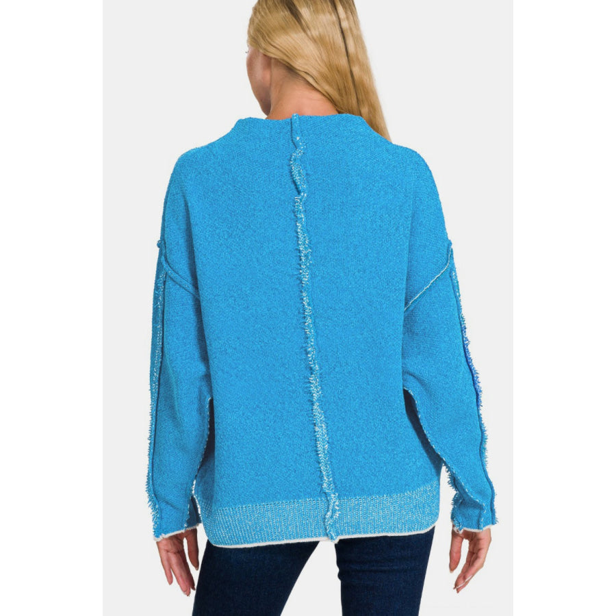 Zenana Exposed Seam Mock Neck Long Sleeve Sweater Apparel and Accessories