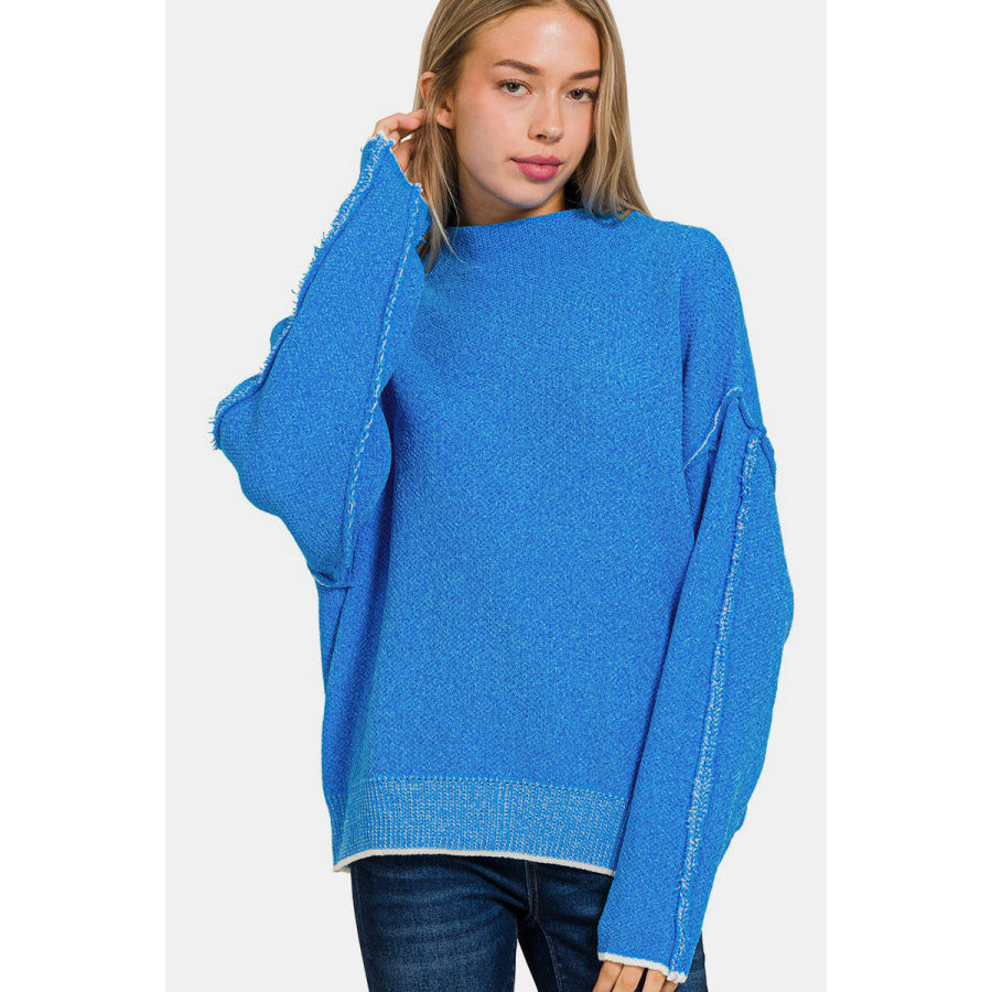 Zenana Exposed Seam Mock Neck Long Sleeve Sweater Apparel and Accessories