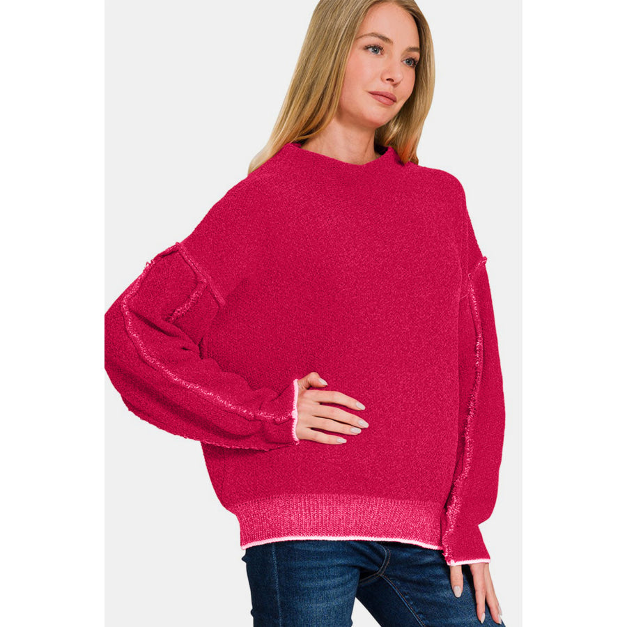 Zenana Exposed Seam Mock Neck Long Sleeve Sweater Apparel and Accessories