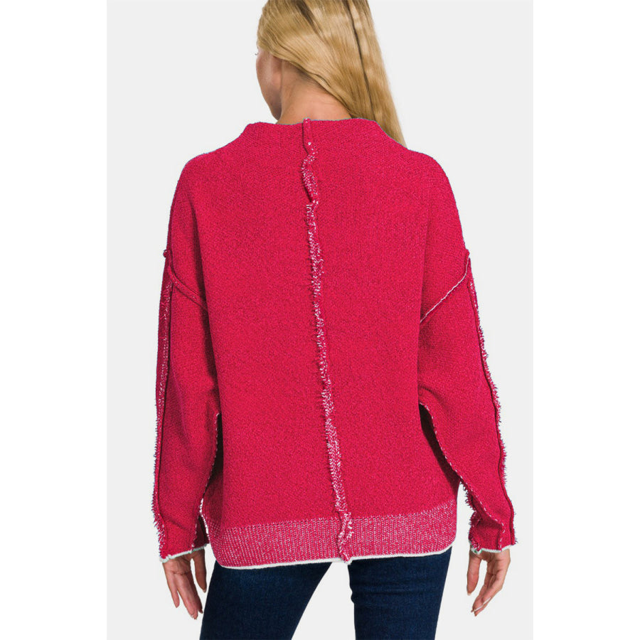 Zenana Exposed Seam Mock Neck Long Sleeve Sweater Apparel and Accessories