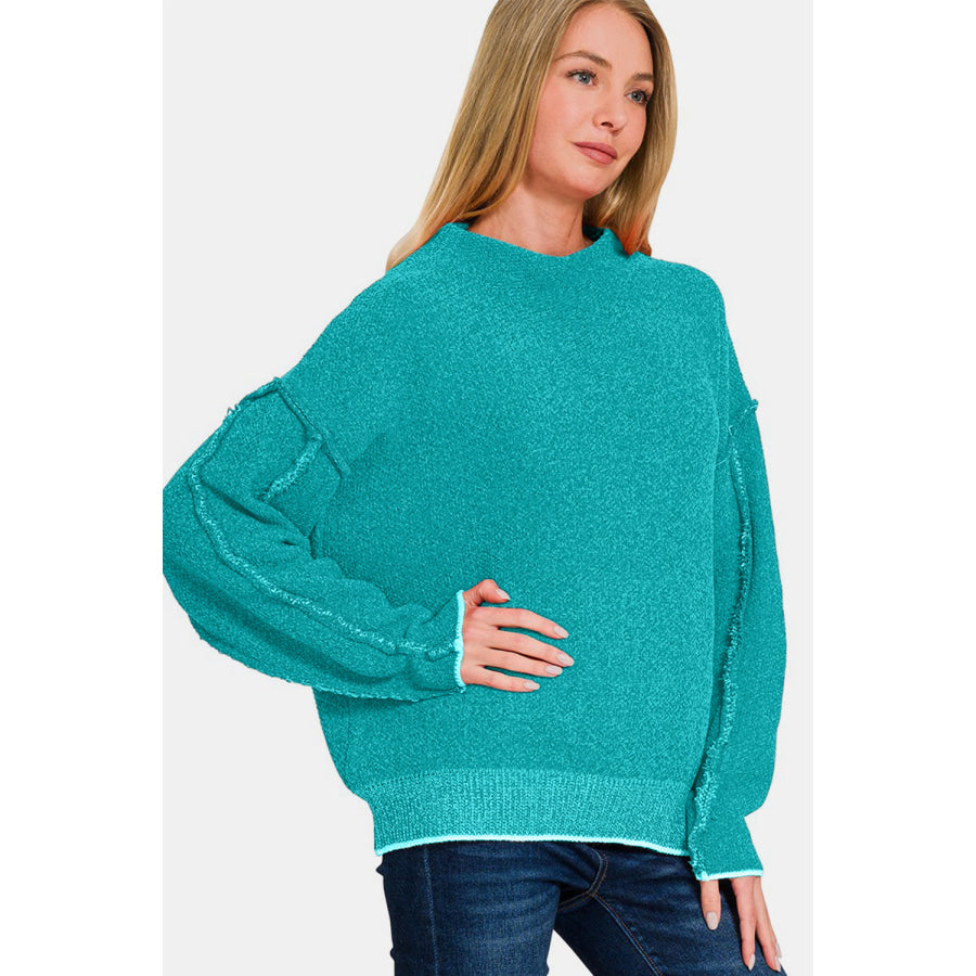 Zenana Exposed Seam Mock Neck Long Sleeve Sweater Apparel and Accessories