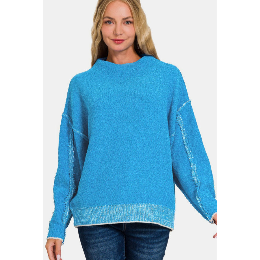 Zenana Exposed Seam Mock Neck Long Sleeve Sweater Apparel and Accessories