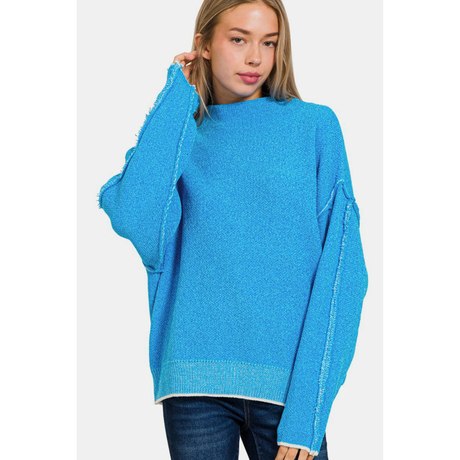 Zenana Exposed Seam Mock Neck Long Sleeve Sweater Deep Sky / S/M Apparel and Accessories