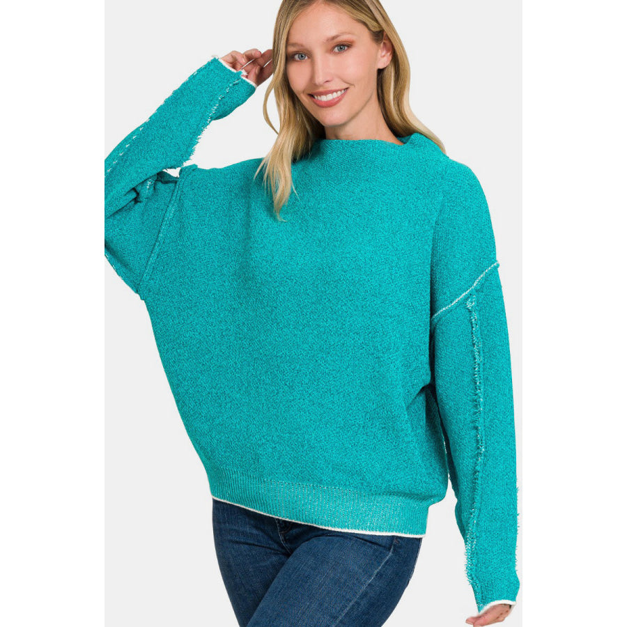 Zenana Exposed Seam Mock Neck Long Sleeve Sweater Lt Teal / S/M Apparel and Accessories