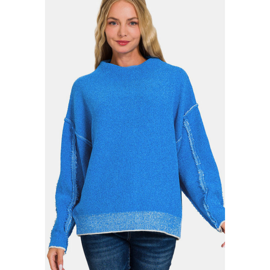 Zenana Exposed Seam Mock Neck Long Sleeve Sweater Ocean Blue / S/M Apparel and Accessories