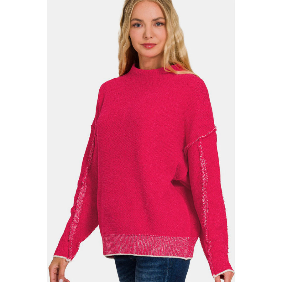 Zenana Exposed Seam Mock Neck Long Sleeve Sweater Viva Magenta / S/M Apparel and Accessories