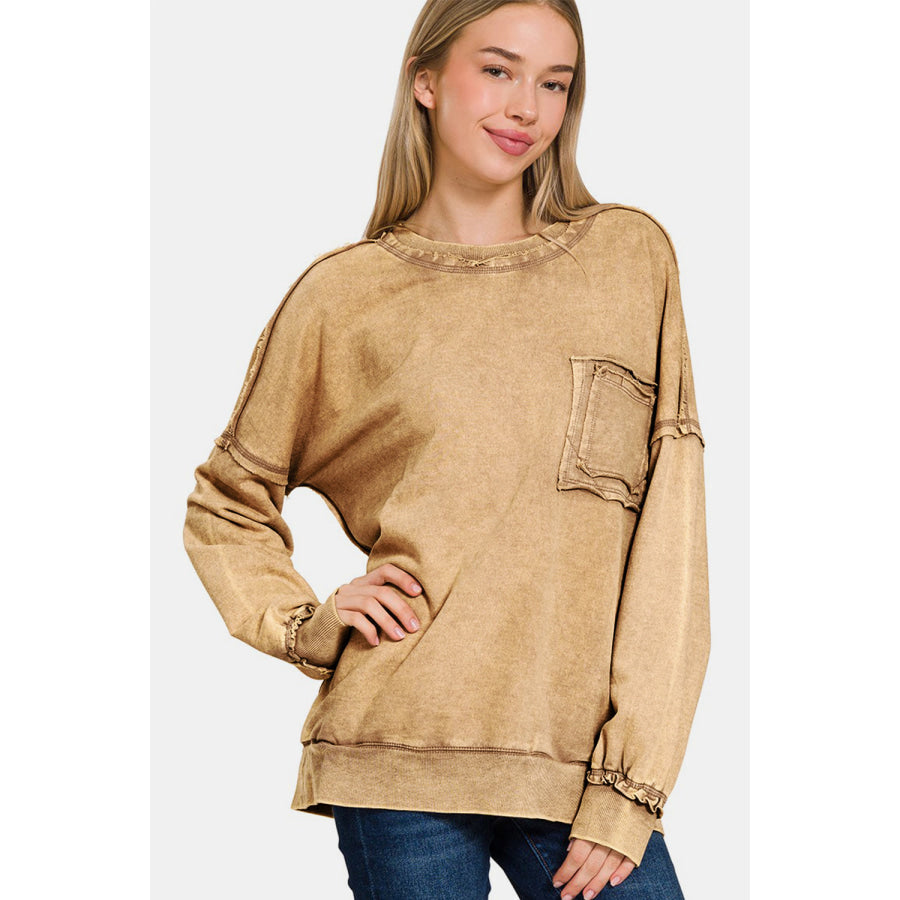 Zenana Exposed Seam Round Neck Dropped Shoulder Sweatshirt Apparel and Accessories