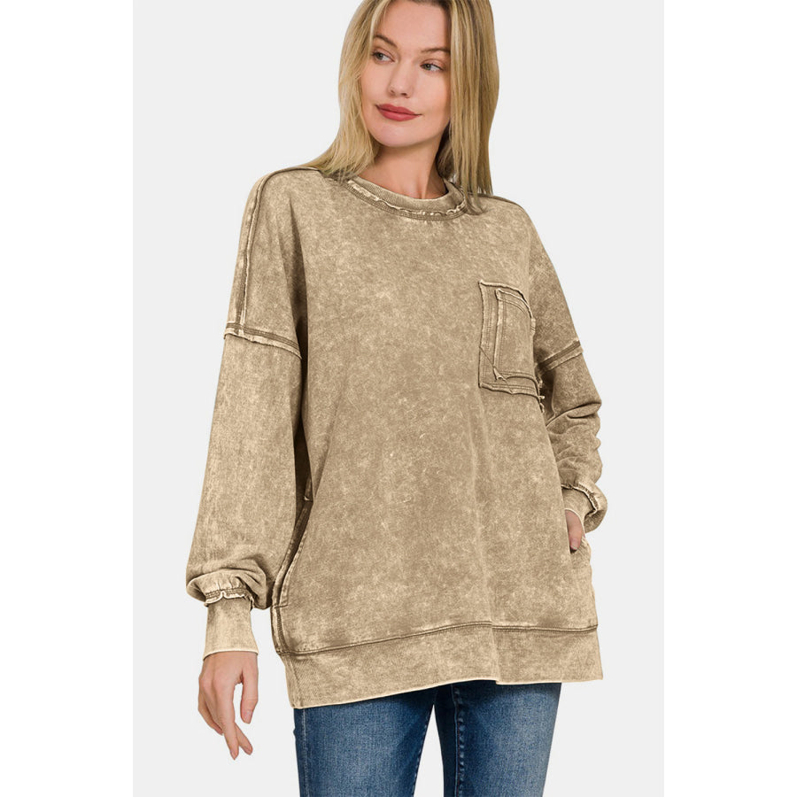 Zenana Exposed Seam Round Neck Dropped Shoulder Sweatshirt Apparel and Accessories