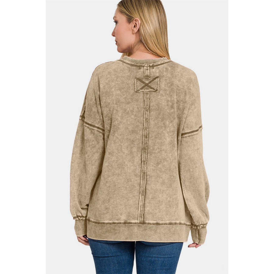 Zenana Exposed Seam Round Neck Dropped Shoulder Sweatshirt Apparel and Accessories