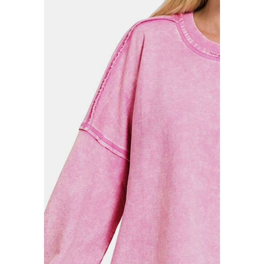 Zenana Exposed Seam Round Neck Dropped Shoulder Sweatshirt Apparel and Accessories