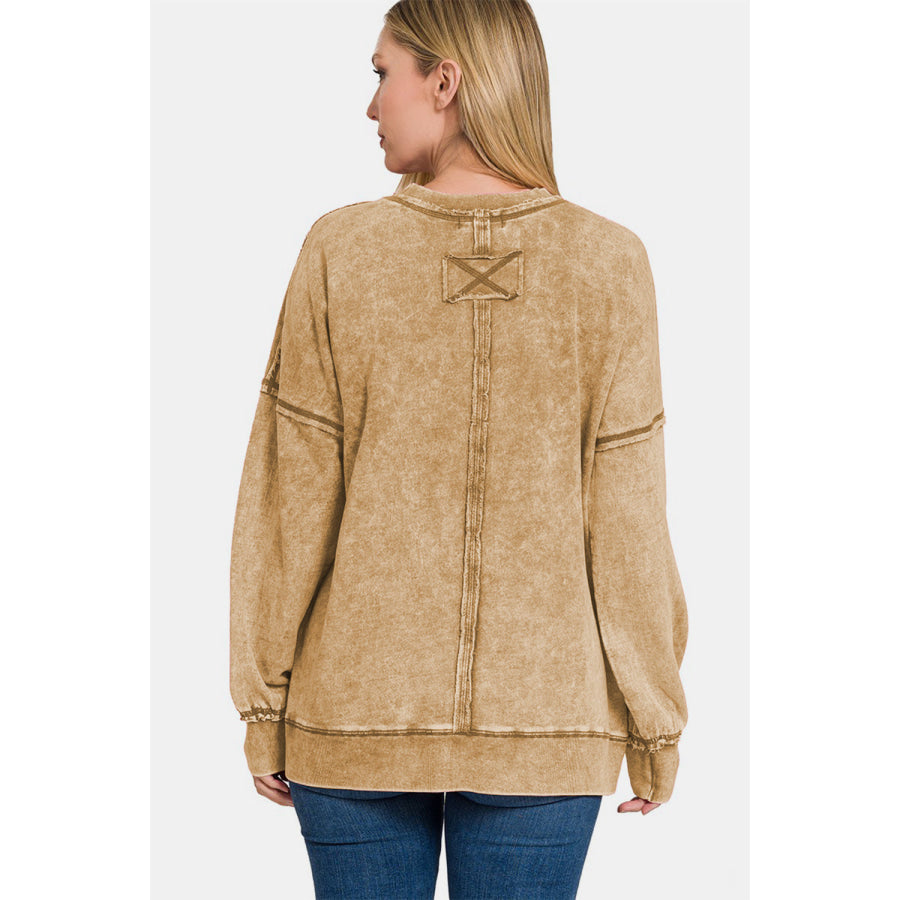 Zenana Exposed Seam Round Neck Dropped Shoulder Sweatshirt Apparel and Accessories