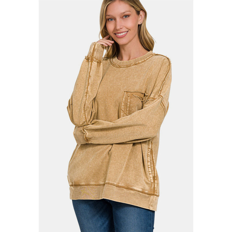 Zenana Exposed Seam Round Neck Dropped Shoulder Sweatshirt Camel / S Apparel and Accessories